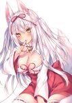  1girl animal_ears blush breasts breasts_out cleavage finger_to_mouth hair_between_eyes japanese_clothes kimono large_breasts long_hair looking_at_viewer original red_skirt skirt smile sorai_shin&#039;ya tail very_long_hair white_hair yellow_eyes 