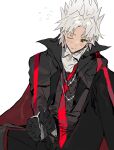  1boy amakusa_shirou_(fate) amakusa_shirou_(phantom_thief)_(fate) bangs black_gloves blush brown_eyes chinese_commentary commentary_request cuffs dark-skinned_male dark_skin earrings fate/apocrypha fate/grand_order fate_(series) feet_out_of_frame formal gloves handcuffs hat highres jewelry laver_(1090792977) long_sleeves looking_at_viewer male_focus necktie official_alternate_costume one_eye_closed red_necktie simple_background sitting smile solo suit white_background white_hair 