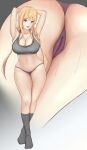  1girl :d armpits arms_behind_head arms_up ass ass_focus bajitohfu bangs blonde_hair blush braid breasts cameltoe covered_nipples crotch_seam eyebrows_visible_through_hair grey_legwear grey_sports_bra hair_tie highres large_breasts long_hair looking_at_viewer low_twintails midriff multiple_views nakiri_erina navel no_pants panties purple_eyes purple_panties shokugeki_no_souma smile socks sports_bra stomach sweat teeth tight tongue twin_braids twintails underwear upper_teeth wide_hips 