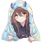  1girl bangs blanket blush breasts brown_hair commentary debi_tarou demon_horns eyebrows_visible_through_hair hair_between_eyes holding holding_blanket hood hoodie horns idolmaster idolmaster_shiny_colors long_hair looking_at_viewer lowres medium_breasts nervous osaki_tenka parted_lips patterned simple_background touhou90275 under_covers upper_body white_background yellow_eyes 