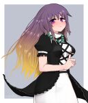  1girl bead_necklace beads black_dress blush breasts cross-laced_clothes dress eyebrows_visible_through_hair gradient_hair grey_background highres hijiri_byakuren jewelry long_hair looking_at_viewer medium_breasts multicolored_hair necklace prayer_beads puffy_short_sleeves puffy_sleeves purple_eyes purple_hair short_sleeves simple_background smile solo topadori touhou 