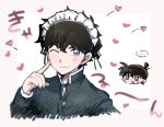  2boys bangs blush blush_stickers brown_hair cropped_torso edogawa_conan grey_background hand_up heart index_finger_raised kuroba_kaito long_sleeves looking_at_viewer maid_headdress meitantei_conan multiple_boys one_eye_closed seishideriumu shiny shiny_hair simple_background smile translation_request yaoi 