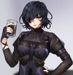  1girl bangs black_bodysuit black_gloves black_hair black_survival bodysuit closed_mouth cola cup fingerless_gloves gloves green_eyes grey_background hair_over_one_eye hand_on_hip highres holding holding_cup lips lipstick long_sleeves looking_at_viewer makeup medium_hair meuwzza_(me_zwa) nail_polish red_nails rozzi_(black_survival) solo 