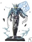  1boy armor blue_cape cape clenched_hands concept_art demons_driver driver_(kamen_rider) electricity hakael1998 highres kamen_rider kamen_rider_over_demons kamen_rider_revice legs_together looking_at_viewer male_focus rider_belt shoulder_cape signature stag_beetle stamp_mark tokusatsu wind yellow_eyes 