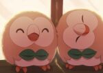  ^_^ animal_focus bird closed_eyes commentary_request cuddling happy highres no_humans open_mouth owl pkpokopoko3 pokemon pokemon_(creature) rowlet standing tongue 