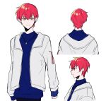  1boy blue_sweater brown_eyes chanms cpt_(crazy_raccoon) crazy_raccoon earrings eyebrows_visible_through_hair grey_jacket hair_behind_ear highres jacket jewelry male_focus multiple_views necklace red_hair single_earring sketch sleeves_past_wrists smile sweater white_background 