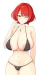  1girl ;) ;3 absurdres areola_slip bangs bikini black_bikini blush breasts cleavage closed_mouth collarbone cowboy_shot eyebrows_visible_through_hair hand_up highres horikawa_raiko huge_breasts jewelry large_areolae looking_at_viewer navel necklace one_eye_closed red_eyes red_hair rh_thunderriver short_hair simple_background smile solo swimsuit thighs touhou white_background 