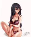  1girl artist_name barefoot black_hair bra breasts character_name cleavage closed_mouth collarbone groin hair_between_eyes highres kantai_collection large_breasts long_hair nagato_(kancolle) navel panties red_bra red_eyes red_panties rizzl signature solo underwear 