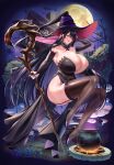  1girl absurdres bare_shoulders black_hair breasts bridal_gauntlets cauldron cleavage commission detached_collar dress gomi_(hakumaiteacher) hat high_heels highres house huge_breasts long_hair moon night original skeb_commission solo staff strapless strapless_dress thighhighs very_long_hair witch witch_hat 