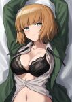  1girl absurdres arms_up black_bra bra brave_witches breasts commentary fankupl green_eyes gundula_rall highres lace lace_bra large_breasts looking_at_viewer lying orange_hair solo underwear world_witches_series 