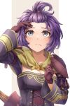  1girl bernadetta_von_varley breasts brown_gloves cleavage closed_mouth facing_viewer fire_emblem fire_emblem:_three_houses fire_emblem_warriors:_three_hopes forehead gloves grey_eyes long_sleeves looking_up medium_breasts official_alternate_hairstyle purple_hair purple_shirt shirt solo ten_(tenchan_man) topknot upper_body 