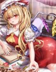  1girl ascot ass bangs blonde_hair blush book crystal curtains eyebrows_visible_through_hair flandre_scarlet food food_on_face frilled_shirt_collar frills hair_between_eyes hat hat_ribbon highres indoors long_hair looking_at_viewer mob_cap nail_polish on_bed one_side_up open_book open_mouth parted_lips petticoat puffy_short_sleeves puffy_sleeves red_eyes red_nails red_ribbon red_skirt red_vest ribbon sabakuomoto shirt short_sleeves skirt skirt_set solo thighs touhou vest white_headwear white_shirt wings yellow_ascot 
