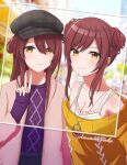  2girls bangs bare_shoulders beret blue_sweater blurry blurry_background blush breasts brown_hair city cleavage closed_mouth commentary double_bun eyebrows_visible_through_hair hair_between_eyes hat idolmaster idolmaster_shiny_colors jacket jewelry kukuku_(kuruta_39) long_hair looking_at_viewer medium_breasts multiple_girls necklace open_clothes open_jacket osaki_amana osaki_tenka outdoors picture_frame pink_jacket shirt siblings sisters sleeveless sleeveless_shirt smile strapless sweater twins v yellow_eyes yellow_sweater 