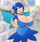  absurd_res big_breasts blue_hair breasts cleavage clothed clothing fairy female hair hi_res huge_breasts hyperflannel insect_wings magic_wand solo wings 