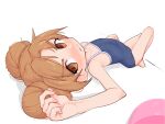  1girl aisaka_taiga blue_swimsuit blush brown_eyes brown_hair double_bun eds english_commentary flat_chest full_body highres long_hair looking_at_viewer lying on_back one-piece_swimsuit perspective school_swimsuit simple_background solo swimsuit toradora! white_background 