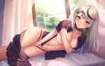  1girl :o absurdres bed_sheet black_collar black_hair black_panties blush braid breasts cherry_blossoms clothes_pull collar covering covering_breasts covering_crotch curtains falling_petals grey_hair hair_ornament hairclip highres hololive large_breasts long_hair looking_at_viewer lying milk_box_(leoleo963852741) multicolored_hair navel no_bra on_bed on_side panties petals pillow raised_eyebrows red_eyes red_nails sakamata_chloe skirt skirt_pull solo stomach streaked_hair sunlight thighs thong underwear virtual_youtuber window x_hair_ornament 