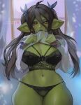  absurd_res big_breasts bra breasts cinderone clothed clothing clothing_lift female goblin green_body green_skin hi_res humanoid not_furry panties shirt shirt_lift solo thick_thighs topwear underwear wide_hips 