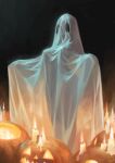  1girl absurdres bed_sheet breasts candle chen_zhang costume covered_nipples fire flame ghost_costume halloween halloween_costume highres jack-o&#039;-lantern large_breasts melting original pumpkin see-through see-through_silhouette signature silhouette solo 