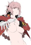  1girl braid breasts cowboy_shot dressing fate/grand_order fate_(series) florence_nightingale_(fate) gloves groin highres jacket kimuwaipu large_breasts long_braid looking_at_viewer navel no_bra no_nipples parted_lips pink_hair red_eyes red_jacket single_braid solo uniform upper_body white_gloves 