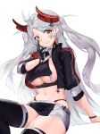 1girl azur_lane belt black_gloves black_jacket black_legwear breasts clothing_cutout cropped_jacket cropped_shirt gloves grey_hair half_gloves horns jacket large_breasts long_hair looking_at_viewer mechanical_horns microskirt official_alternate_costume panties panty_straps partially_unbuttoned prinz_eugen_(azur_lane) prinz_eugen_(final_lap)_(azur_lane) race_queen red_panties simple_background sitting skirt solo thighhighs two-tone_skirt underboob_cutout underwear very_long_hair white_background white_belt wolaiguajiile yellow_eyes 
