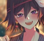  1boy bangs blurry blurry_background blush commentary_request danganronpa_(series) danganronpa_v3:_killing_harmony earrings eyebrows_visible_through_hair fang hair_between_eyes japanese_clothes jewelry kimono male_focus mask mask_on_head ouma_kokichi porary portrait purple_eyes short_hair smile solo teeth upper_teeth 