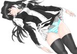  1girl absurdres arms_at_sides black_hair black_legwear blush d.gray-man groin highres kimuwaipu lenalee_lee long_hair looking_to_the_side panties parted_lips purple_eyes skirt solo striped striped_panties thighhighs thighs twintails underwear white_background white_skirt 