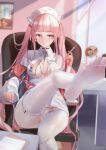  1girl absurdres azur_lane bangs black_choker blunt_bangs blurry blurry_background breasts chair choker cv-3_(dejiajia) feet garter_straps hat highres holding id_card large_breasts legs long_hair long_sleeves nurse_cap open_clothes open_shirt outstretched_foot panties perseus_(azur_lane) pink_eyes pink_hair see-through see-through_legwear sitting sleeves_past_wrists solo syringe thighhighs twintails underwear very_long_hair white_legwear white_panties 