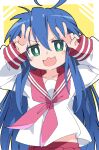  1girl :3 ahoge arms_up bangs blue_hair blush border bright_pupils collarbone double_v eyebrows_visible_through_hair green_eyes hair_between_eyes ixy izumi_konata jitome long_hair long_sleeves looking_at_viewer lucky_star midriff_peek neckerchief open_mouth outside_border pleated_skirt red_neckerchief red_sailor_collar red_skirt ryouou_school_uniform sailor_collar school_uniform shirt sidelocks simple_background skirt smile solo straight-on straight_hair upper_body v v-shaped_eyebrows very_long_hair white_border white_pupils white_shirt yellow_background 