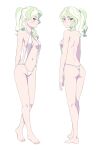  1girl ass blonde_hair blue_eyes blush breasts cleavage closed_mouth diana_cavendish eyebrows_visible_through_hair feet from_behind full_body highres little_witch_academia looking_at_viewer looking_back looking_to_the_side multiple_views navel ponytail satochi shoulder_blades simple_background slingshot_swimsuit small_breasts standing swimsuit white_background white_swimsuit 