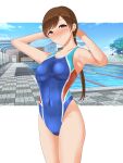  1girl absurdres arms_behind_head blue_sky blue_swimsuit blush breasts brown_eyes brown_hair cloud competition_swimsuit covered_navel cowboy_shot empty_eyes groin highleg highleg_swimsuit highres idolmaster idolmaster_cinderella_girls lifeguard_chair low_ponytail medium_breasts multicolored_clothes multicolored_swimsuit nitta_minami nose_blush official_alternate_costume one-piece_swimsuit pachio pool sky solo swimsuit tile_floor tiles wet wet_clothes wet_swimsuit 