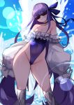  1girl absurdres blue_choker blue_ribbon blue_swimsuit choker english_commentary fate/grand_order fate_(series) feet_out_of_frame grin highleg highleg_swimsuit highres lens_flare lightsource long_hair looking_at_viewer meltryllis_(fate) meltryllis_(swimsuit_lancer)_(fate) off-shoulder_one-piece_swimsuit off_shoulder purple_hair ribbon sleeves_past_fingers sleeves_past_wrists smile solo splashing standing strapless strapless_swimsuit sunglasses swimsuit 