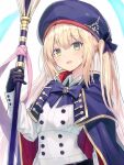  1girl artoria_caster_(fate) artoria_caster_(second_ascension)_(fate) artoria_pendragon_(fate) bangs black_gloves blonde_hair blush breasts eyebrows_behind_hair eyebrows_visible_through_hair fate/grand_order fate_(series) gloves green_eyes hair_between_eyes hair_ornament highres holding kaina_(tsubasakuronikuru) long_hair long_sleeves looking_at_viewer open_mouth raincoat ribbon shirt smile solo white_background white_shirt 