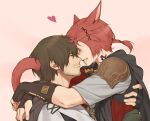  2boys ^_^ ^o^ adventurer_(ff14) animal_ears arms_around_neck black_gloves braid brown_gloves brown_hair cat_boy cat_ears cat_tail closed_eyes elbow_gloves facial_hair facial_mark facing_another final_fantasy final_fantasy_xiv fingerless_gloves forehead-to-forehead from_side g&#039;raha_tia gloves hair_ornament hands_on_another&#039;s_back happy heads_together heart highres hug hyur light_blush male_focus mbomb miqo&#039;te multiple_boys neck_tattoo open_mouth pink_background profile red_hair short_hair short_ponytail simple_background single_braid smile stubble tail tattoo upper_body x_hair_ornament yaoi 