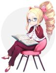  1girl beatrice_(re:zero) blonde_hair blue_eyes book chair crossed_legs drill_hair full_body glasses hair_ornament hair_ribbon highres long_hair looking_at_viewer m.tokotsu re:zero_kara_hajimeru_isekai_seikatsu ribbon sidelocks simple_background sitting smug solo symbol-shaped_pupils 