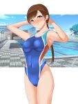  1girl absurdres arms_behind_head blue_sky blue_swimsuit blush breasts brown_eyes brown_hair cloud competition_swimsuit covered_navel cowboy_shot groin highleg highleg_swimsuit highres idolmaster idolmaster_cinderella_girls lifeguard_chair low_ponytail medium_breasts multicolored_clothes multicolored_swimsuit nitta_minami nose_blush official_alternate_costume one-piece_swimsuit pachio pool sky solo swimsuit tile_floor tiles 