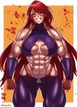  1girl abs absurdres artist_name bangs biceps blood blood_on_clothes blood_on_hands blood_splatter breasts cleavage detached_sleeves eyebrows_visible_through_hair eyelashes fuuma_kotarou_(tenkaichi) grin halter_top halterneck highres large_breasts long_hair moussaka muscular muscular_female red_eyes red_hair revealing_clothes smile teeth tenkaichi_nihon_saikyou_bugeisha_ketteisen thick_thighs thighs white_background wristband yellow_background 