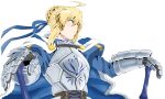  1girl absurdres ahoge armor artoria_pendragon_(fate) blonde_hair blue_cloak blue_eyes blue_ribbon braid breastplate cloak cowboy_shot dual_wielding fate/grand_order fate/stay_night fate_(series) french_braid from_side fur-trimmed_cloak fur_trim gauntlets hair_between_eyes highres holding juliet_sleeves kimuwaipu light_blush long_sleeves planted planted_sword puffy_sleeves ribbon saber solo sword weapon white_background 