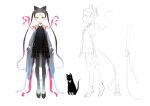  1girl animal_ears black_dress black_hair cat cat_ears commentary_request dress expressionless facial_mark forehead_mark full_body gradient_hair green_eyes highres kaede_(shijie_heping) long_hair multicolored_hair original pantyhose pink_ribbon profile ribbon see-through see-through_dress simple_background sketch twintails very_long_hair white_background white_hair 