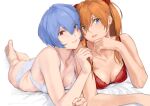  2girls absurdres ass ayanami_rei bare_shoulders barefoot blue_eyes blue_hair bra breasts cleavage collarbone commentary foreshortening hair_ornament highres lingerie looking_at_viewer lying medium_breasts multiple_girls neon_genesis_evangelion on_stomach orange_hair panties red_bra red_eyes shiny shiny_skin souryuu_asuka_langley underwear underwear_only white_bra white_panties yamaishi_(mukoubuti) 