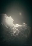  1girl alithea_jane closed_eyes copyright_name dress ender_lilies_quietus_of_the_knights flower highres holding holding_flower light light_particles lily_(ender_lilies) long_hair lying monochrome on_back parted_lips solo upper_body 