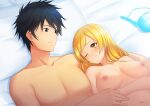  1boy 1girl absurdres bed bed_sheet black_eyes black_hair blonde_hair blue_bra blush bra bra_removed breasts commission commissioner_upload completely_nude couple crossover hair_down hetero highres holding_hands implied_after_sex kamijou_touma kirou_(kiruyuu1210) long_hair looking_at_another mahou_shoujo_madoka_magica medium_breasts navel nipples non-web_source nude one_eye_closed pillow skeb_commission smile spiked_hair toaru_majutsu_no_index tomoe_mami underwear yellow_eyes 