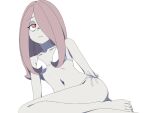  1girl bikini blush breasts brown_hair closed_mouth collarbone eyebrows_visible_through_hair hair_over_one_eye little_witch_academia long_hair navel red_eyes satochi shiny shiny_skin side-tie_bikini simple_background small_breasts solo sucy_manbavaran swimsuit white_background white_bikini 