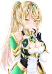  1girl bangs bare_shoulders blonde_hair blush breasts chest_jewel cleavage cleavage_cutout clothing_cutout dress earrings gem gloves headpiece highres jewelry large_breasts long_hair looking_at_viewer mythra_(xenoblade) nanase_nao ponytail solo swept_bangs tiara tsundere white_dress xenoblade_chronicles_(series) xenoblade_chronicles_2 yellow_eyes 