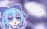  1girl blue_bow blue_dress blue_eyes blue_hair bow cirno collared_shirt commentary commentary_request dress fumo_(doll) hair_bow ice ice_wings kashimu meme open_mouth pinafore_dress shirt space space_cat_(meme) touhou white_shirt wings 
