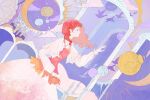  1girl abstract bird blue_eyes braid candle cirrika closed_mouth cloud crescent dress dutch_angle fire flame frills highres long_hair mirror original profile purple_sky red_hair reflection solo sparkle star_(symbol) window 