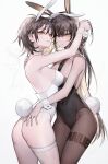  2girls animal_ears ass bangs black_leotard black_necktie blonde_hair blush breasts brown_hair brown_legwear choker collar covered_navel detached_collar fake_animal_ears fake_tail hair_between_eyes hand_in_another&#039;s_hair hand_on_another&#039;s_hip highres hug leotard long_hair looking_at_viewer looking_to_the_side medium_breasts muaooooo multicolored_hair multiple_girls necktie original pantyhose parted_lips playboy_bunny rabbit_ears rabbit_tail serious short_hair sideboob simple_background tail thigh_strap two-tone_hair white_background white_choker white_collar white_leotard wrist_cuffs yellow_eyes 