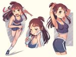  1girl armpits ass bike_shorts blue_shorts bottle breasts brown_hair cleavage collarbone gym_uniform highres kagari_atsuko little_witch_academia long_hair looking_at_viewer madabau multiple_views navel open_mouth running shiny shiny_hair shiny_skin shorts small_breasts smile sports_bra towel yellow_eyes 