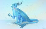  ambiguous_gender blue_body claws digital_media_(artwork) dragon feral horn icelectricspyro looking_at_viewer membrane_(anatomy) membranous_wings nude scales scalie scar simple_background solo teeth water western_dragon wings 