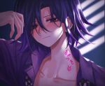  1boy bangs blue_hair body_writing checkered_clothes checkered_scarf closed_mouth collarbone collared_shirt danganronpa_(series) danganronpa_v3:_killing_harmony eyebrows_visible_through_hair hand_up highres light looking_at_viewer male_focus multicolored_hair ouma_kokichi pink_shirt porary scarf shirt smile solo translation_request two-tone_hair 
