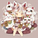  1girl :3 ahoge animal animal_ears barefoot cat cat_ears chibi coin eyebrows_behind_hair goutokuji_mike grey_background highres looking_at_viewer maneki-neko mask nikorashi-ka paw_pose polka_dot simple_background solo tiger touhou white_hair white_tiger yellow_eyes 